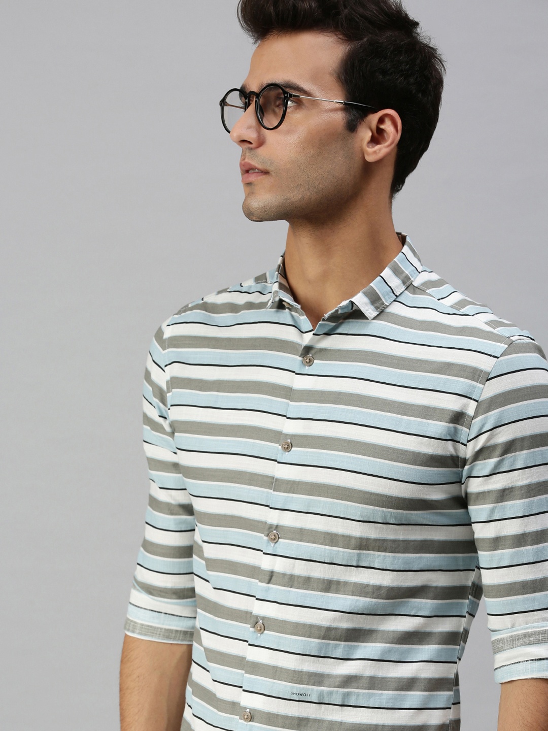 

SHOWOFF Men Grey Classic Slim Fit Horizontal Stripes Striped Cotton Casual Shirt