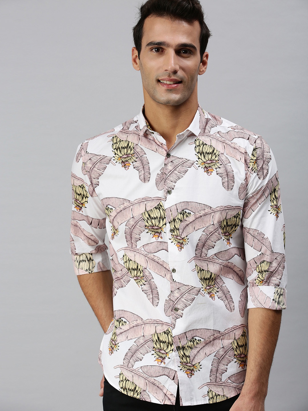 

SHOWOFF Men White Classic Slim Fit Floral Printed Cotton Casual Shirt