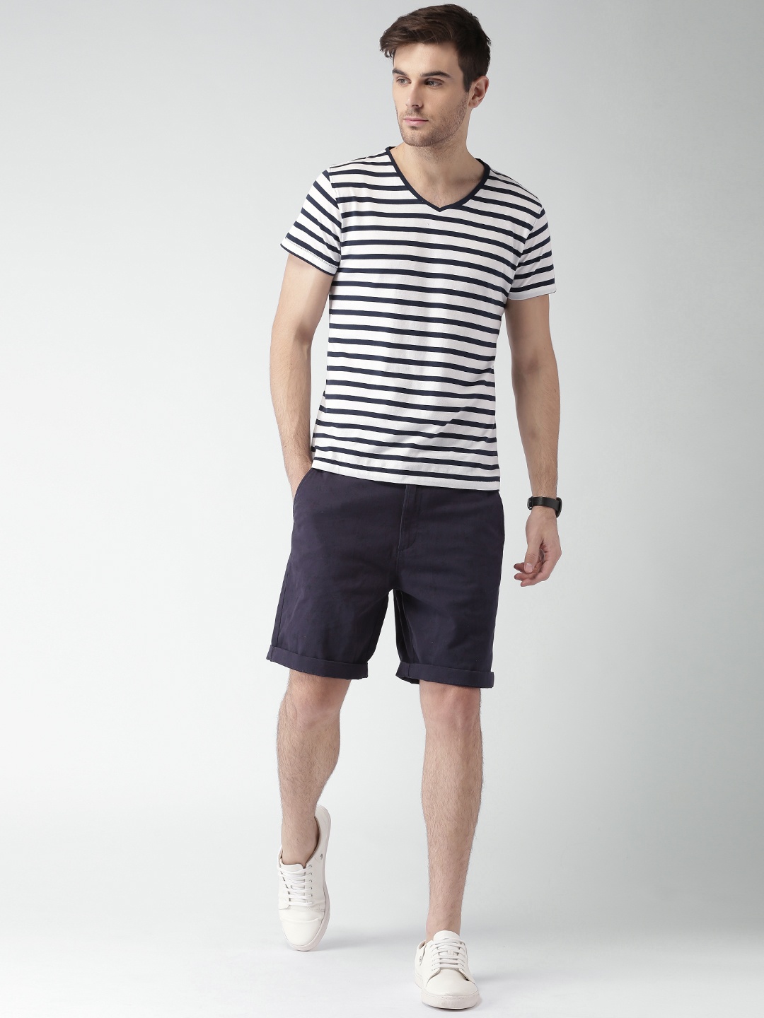

Mast & Harbour Men White & Navy Striped V-Neck T-shirt