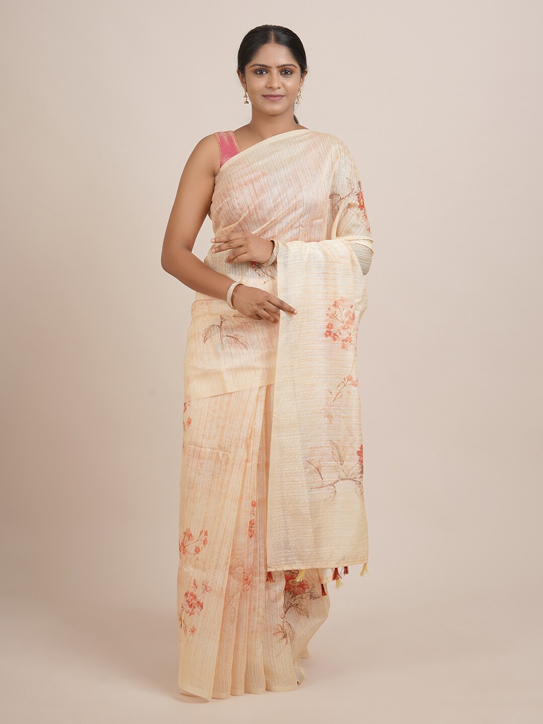 

Pothys Peach-Coloured & Orange Floral Jute Silk Saree