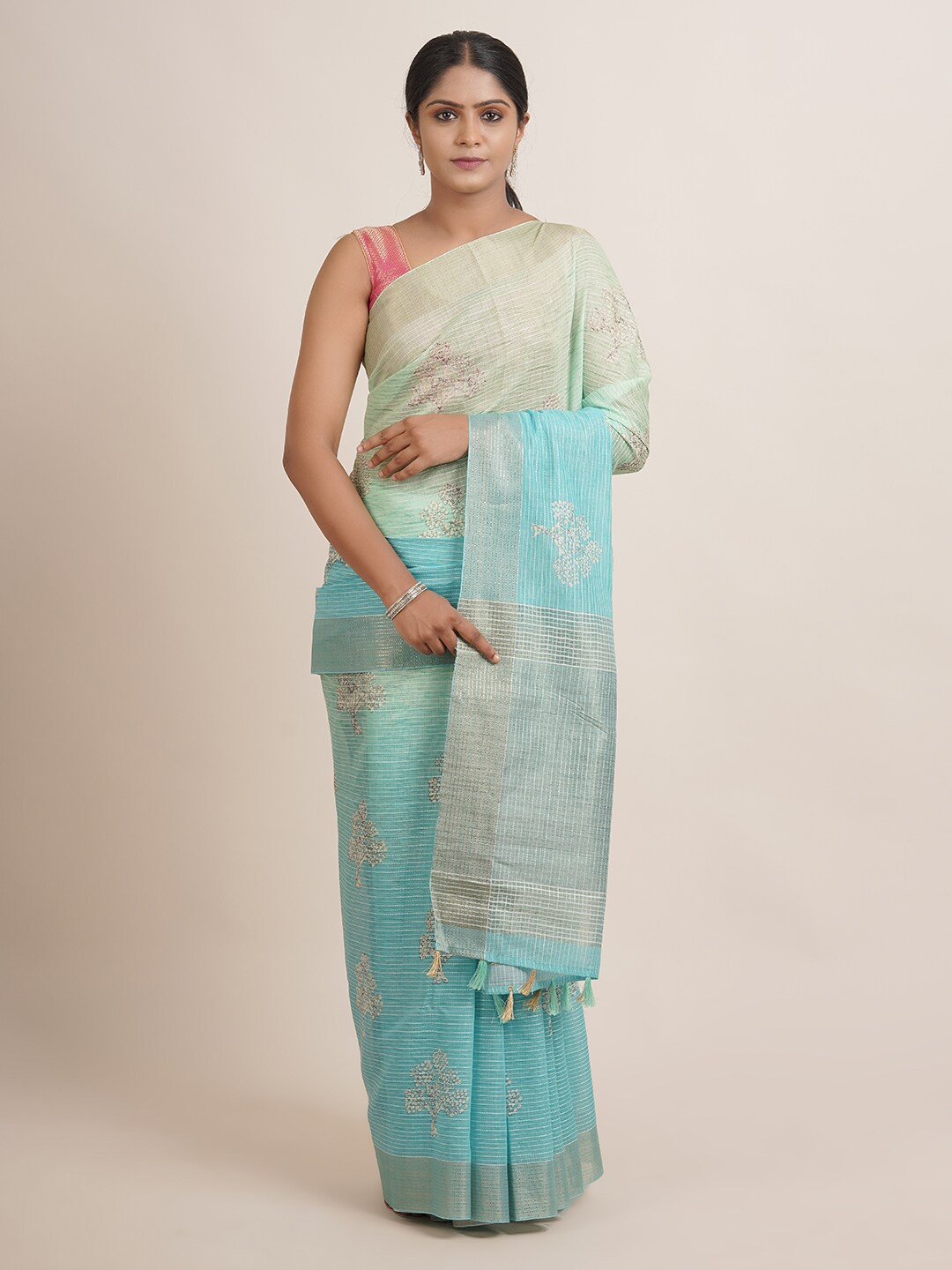 

Pothys Blue & Silver-Toned Woven Design Zari Jute Silk Saree