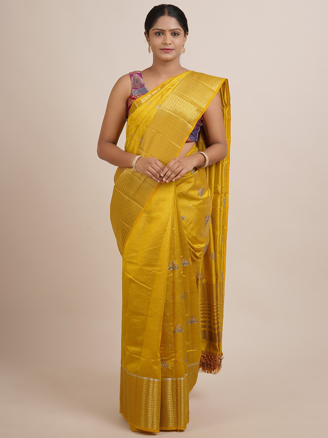 

Pothys Yellow & Golden Ethnic Motifs Embroidered Jute Silk Saree