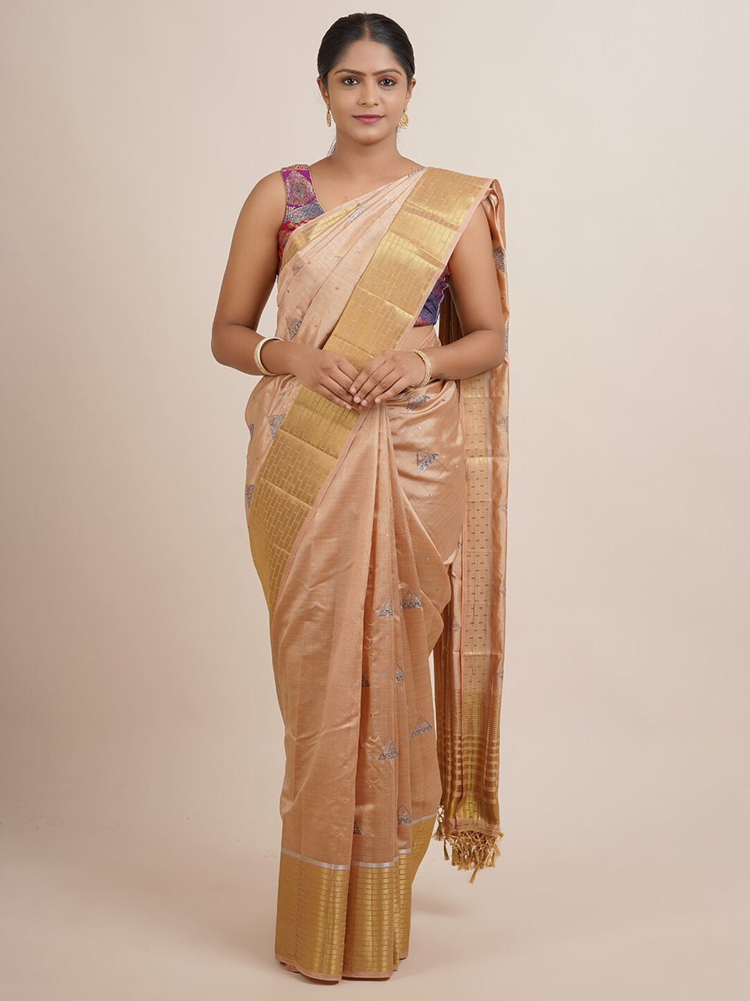 

Pothys Tan & Gold-Toned Ethnic Motifs Zari Jute Silk Saree