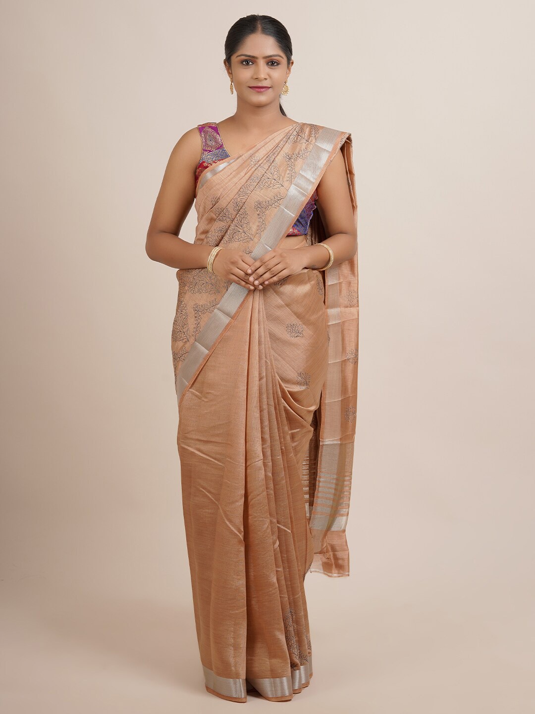 

Pothys Tan & Silver-Toned Floral Zari Jute Silk Saree