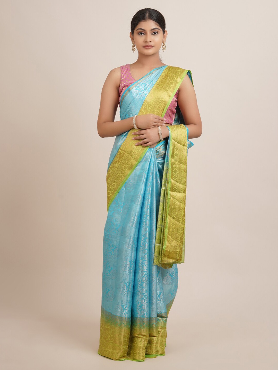 

Pothys Blue & Yellow Floral Zari Jute Silk Saree