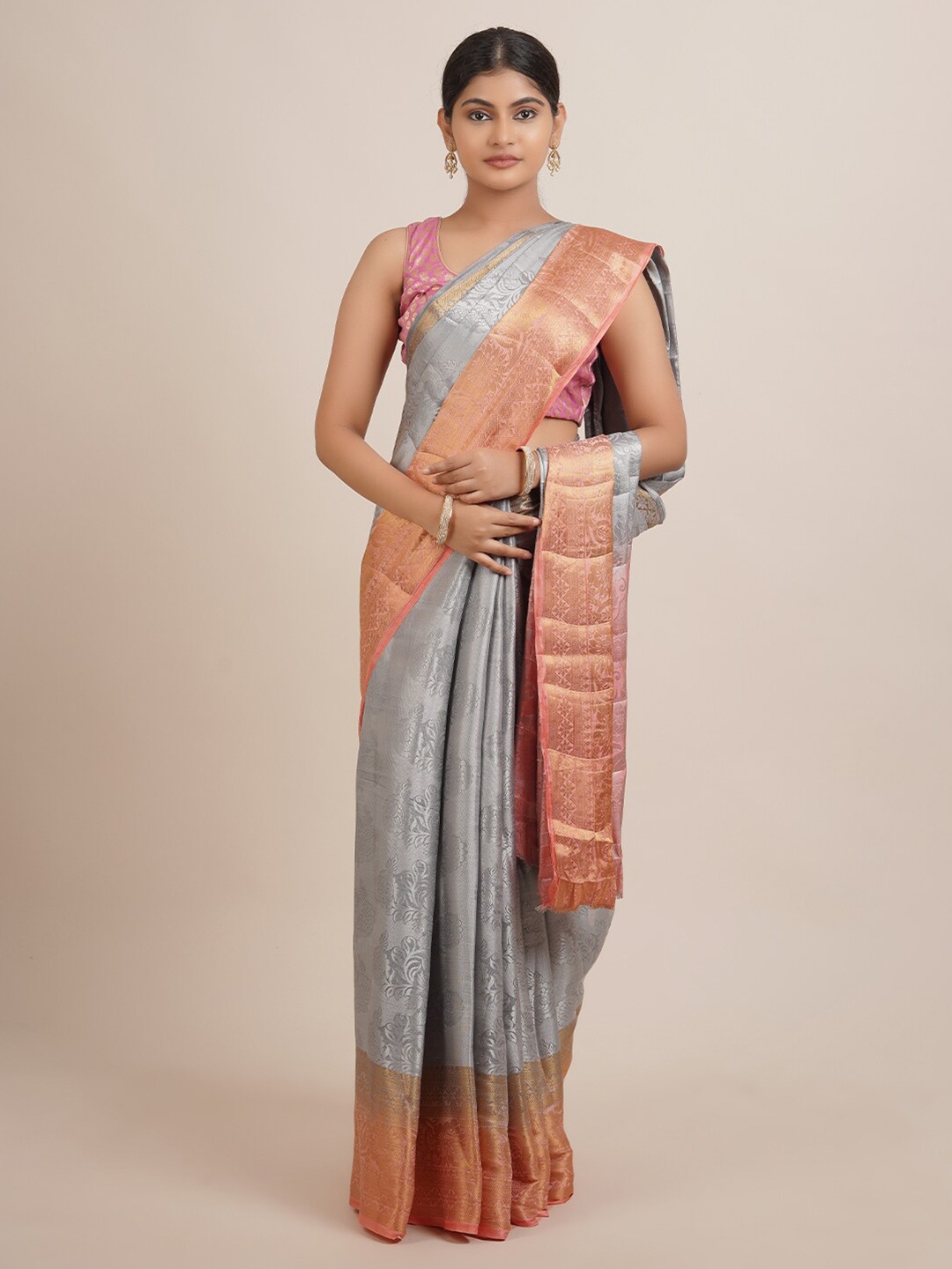 

Pothys Grey & Peach Floral Zari Jute Silk Saree
