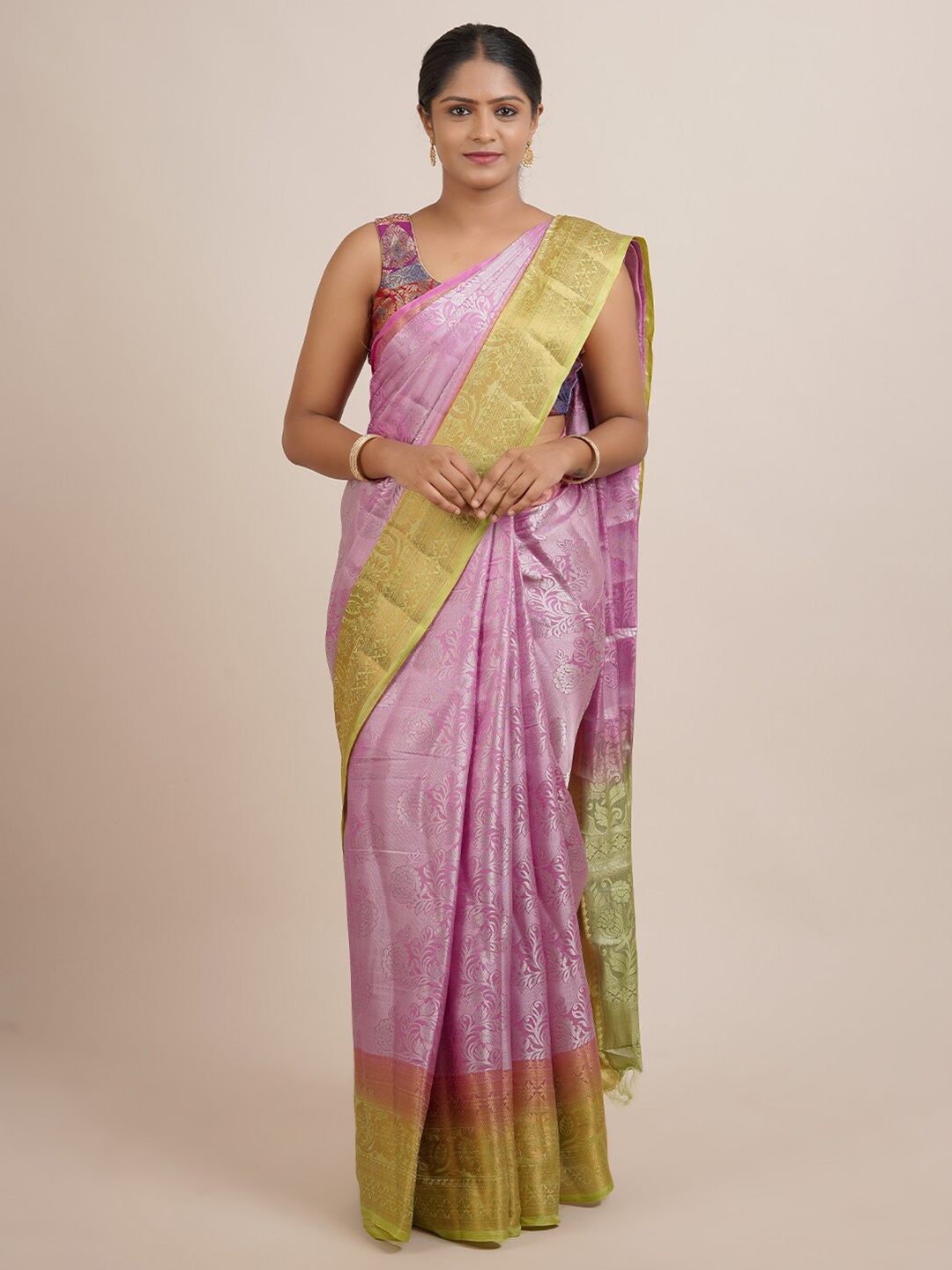 

Pothys Pink & Green Woven Design Zari Jute Silk Saree