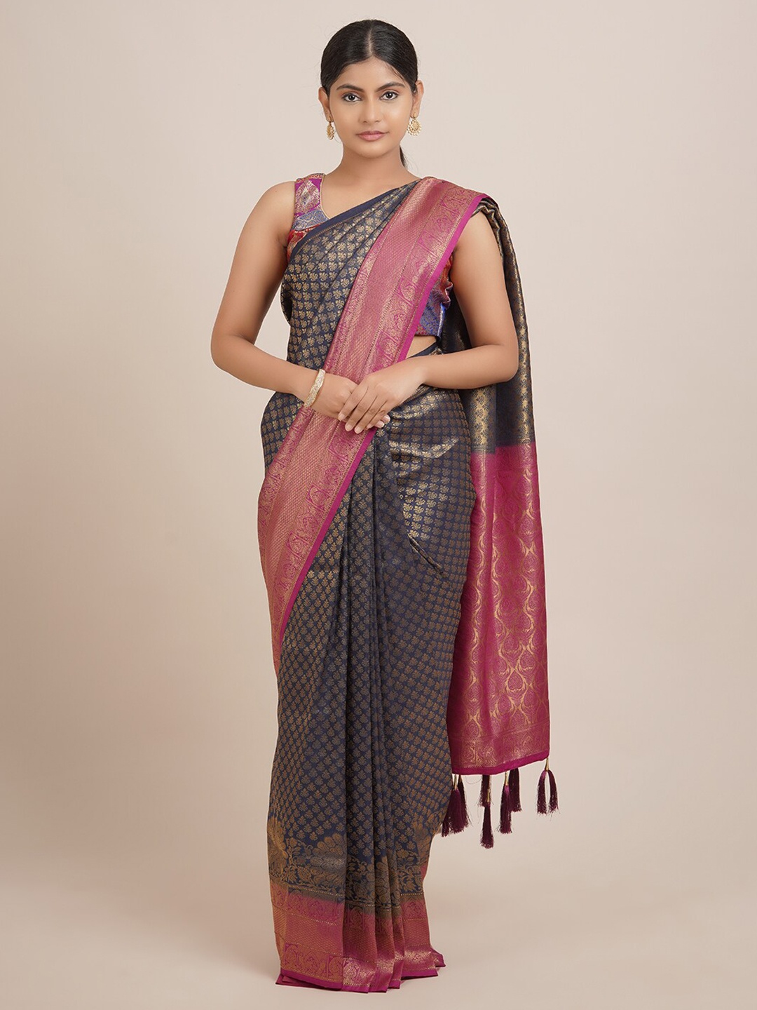 

Pothys Navy Blue & Pink Woven Design Zari Jute Silk Saree