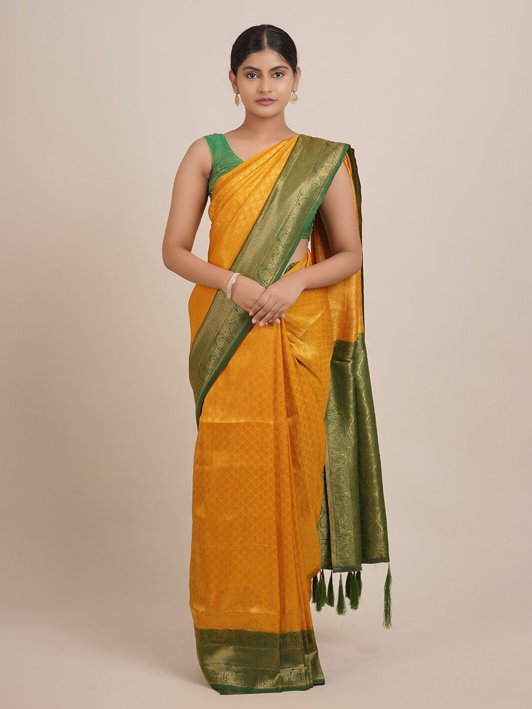 

Pothys Women Yellow & Green Woven Design Zari Sarees