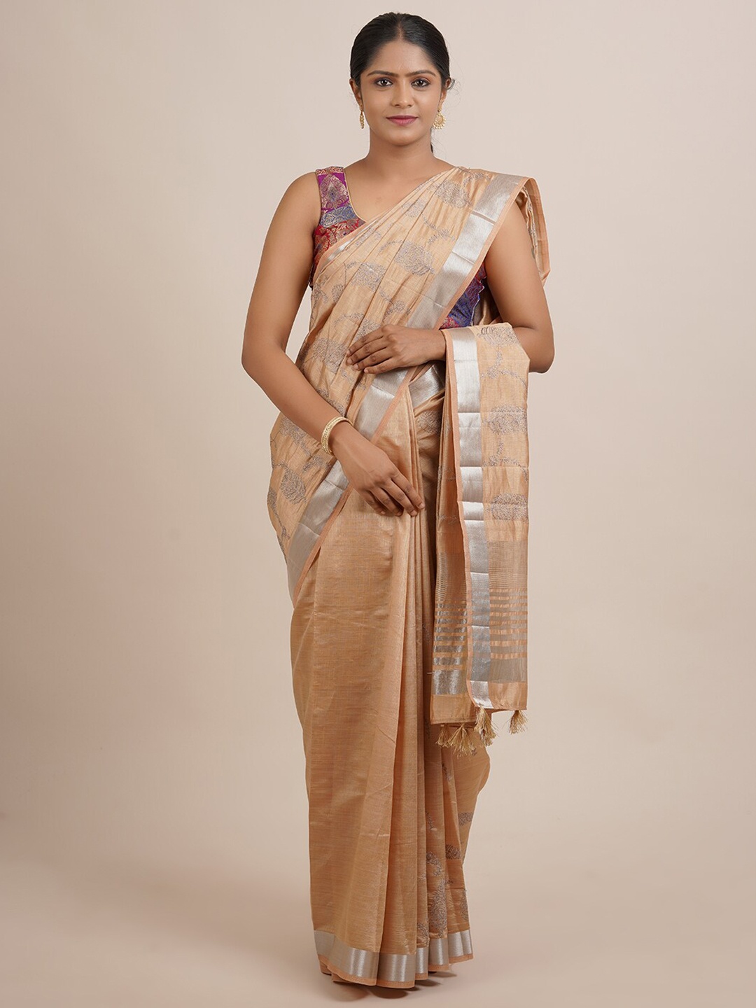 

Pothys Tan & Silver-Toned Floral Embroidered Zari Jute Silk Saree