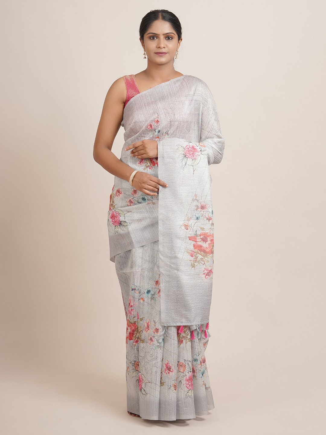 

Pothys Grey & Red Floral Jute Silk Saree