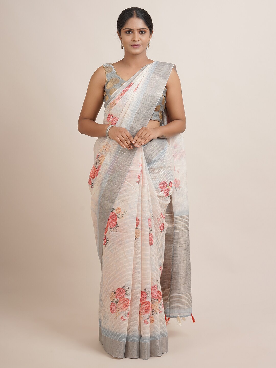 

Pothys Cream & Grey Floral Zari Jute Silk Saree