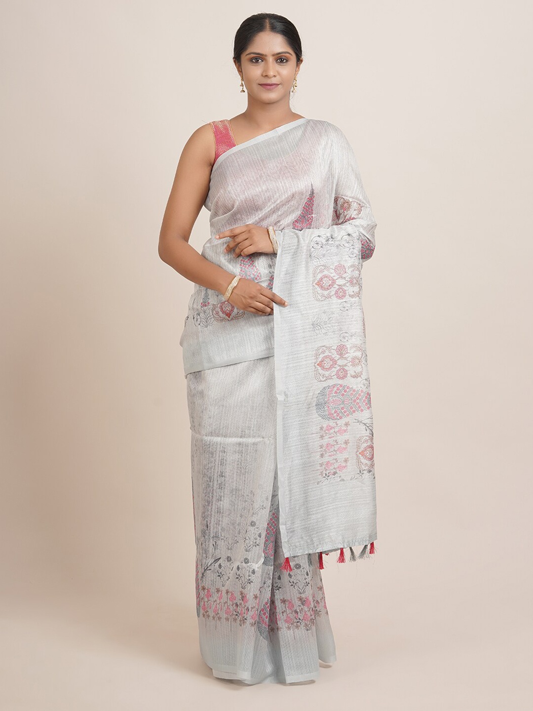 

Pothys Grey & Pink Ethnic Motifs Printed Jute Silk Saree