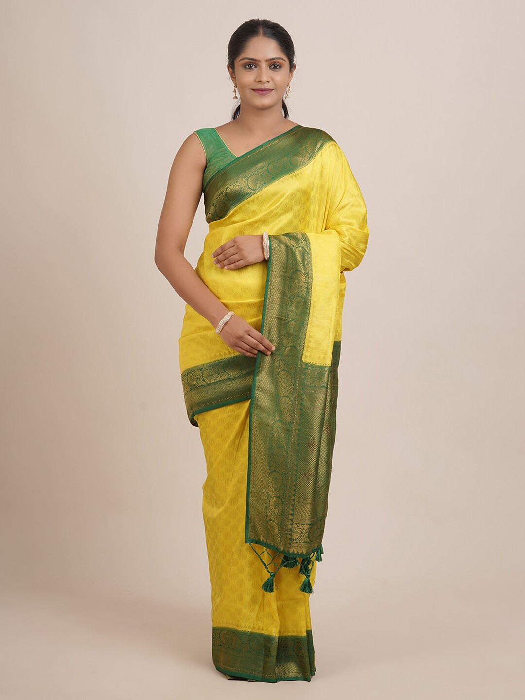 

Pothys Yellow & Green Woven Design Zari Jute Silk Saree