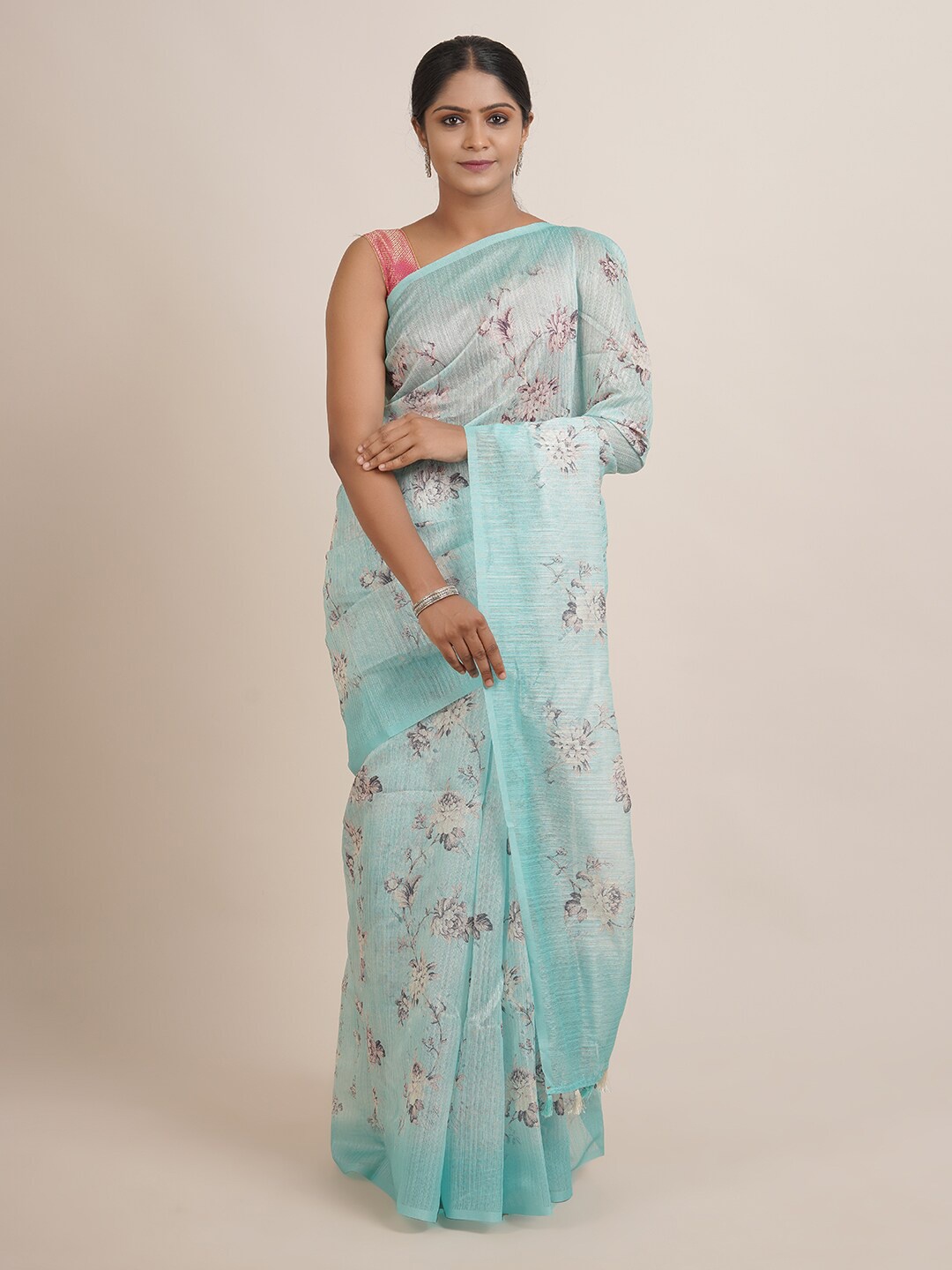 

Pothys Blue Floral Jute Silk Saree