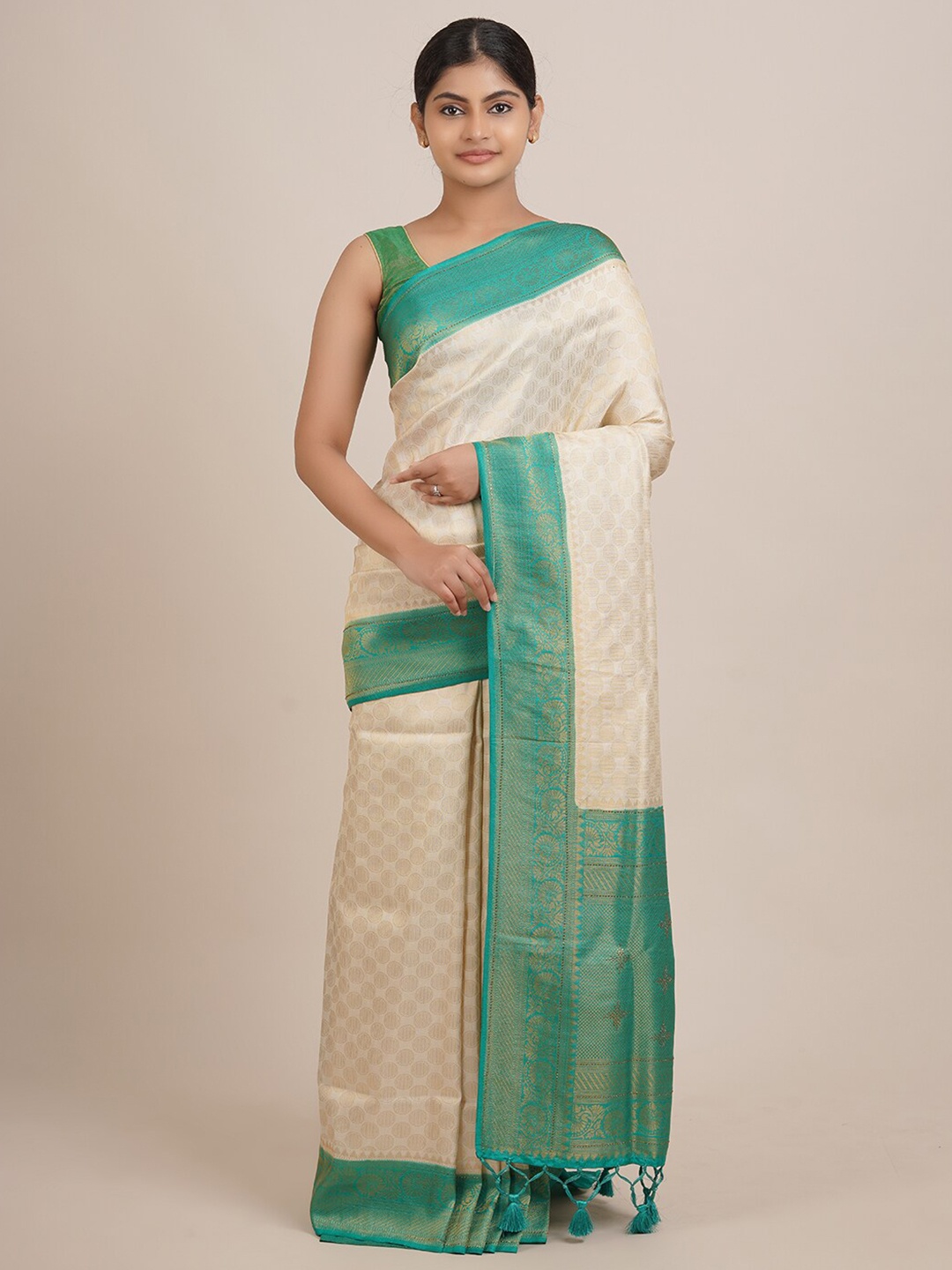 

Pothys Cream-Coloured & Green Zari Jute Silk Saree