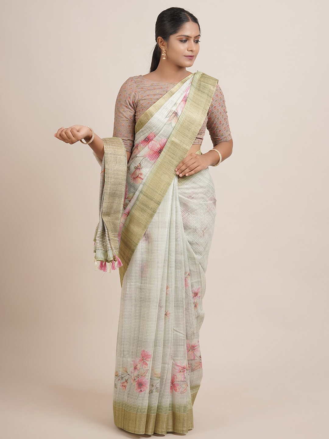 

Pothys Green & Pink Floral Zari Jute Silk Saree