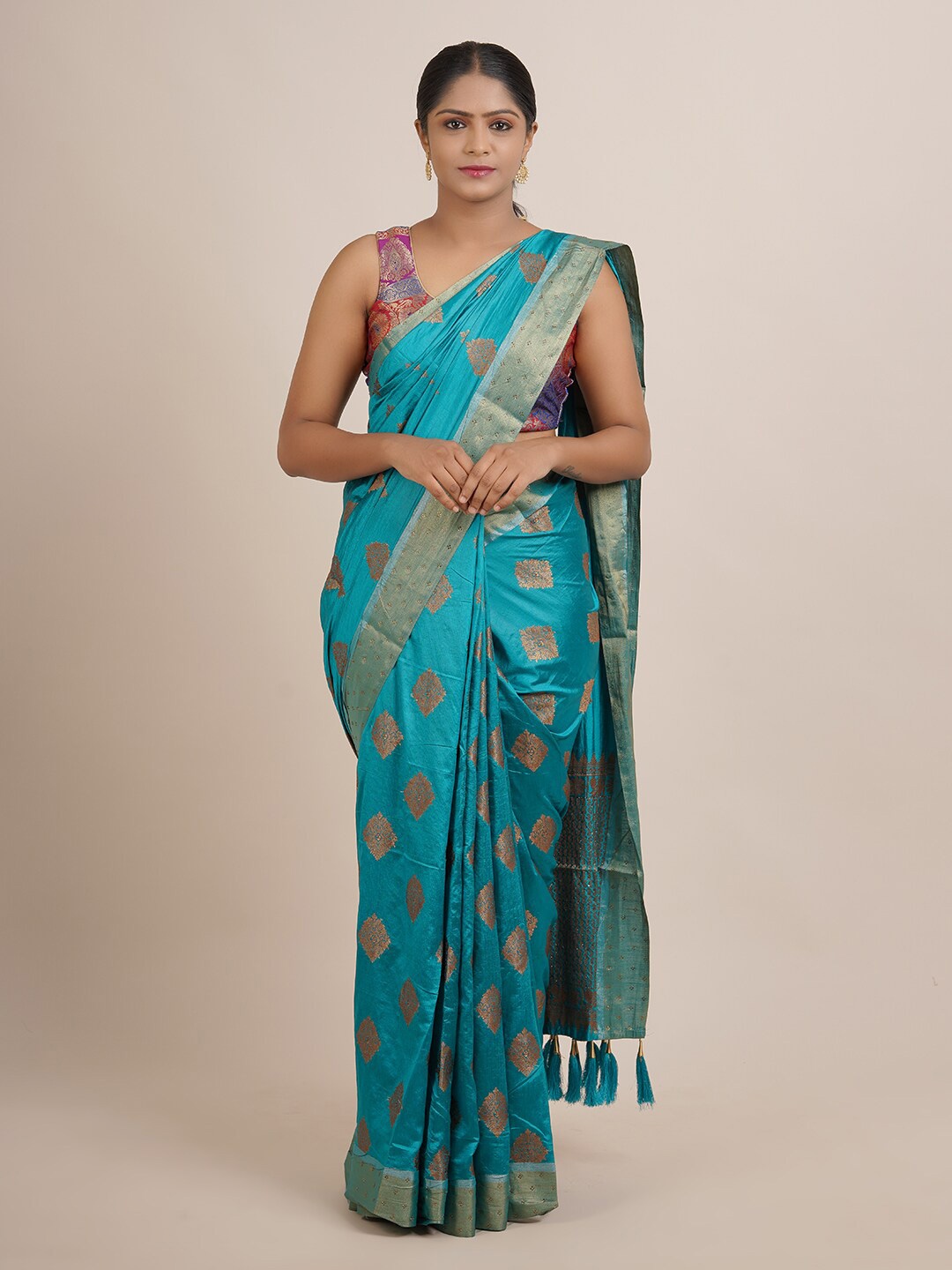 

Pothys Blue & Gold-Toned Ethnic Motifs Zari Jute Silk Saree