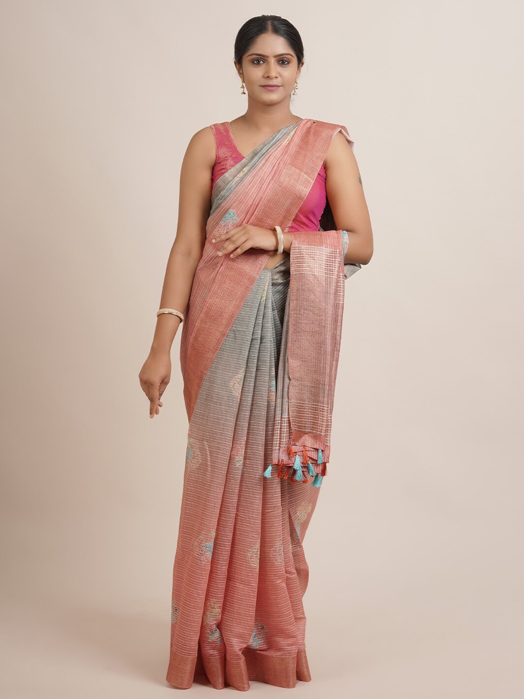 

Pothys Peach-Coloured & Grey Floral Printed Jute Silk Saree