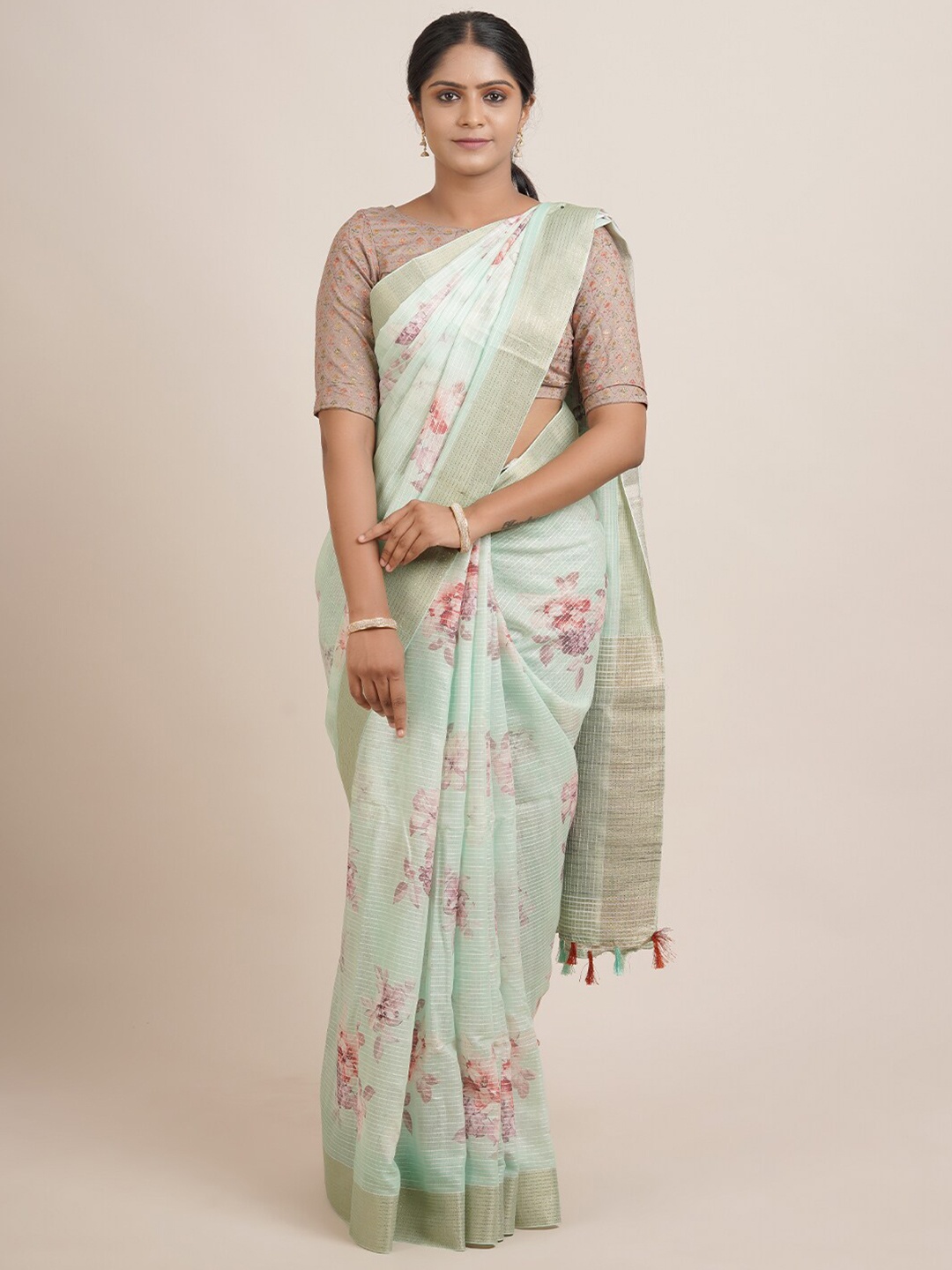 

Pothys Green & Pink Floral Embroidered Jute Silk Saree