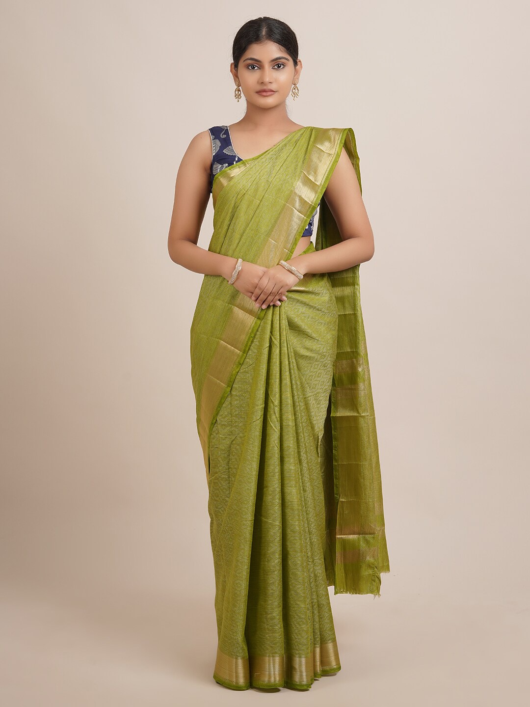 

Pothys Green & Gold-Toned Woven Design Zari Jute Silk Saree