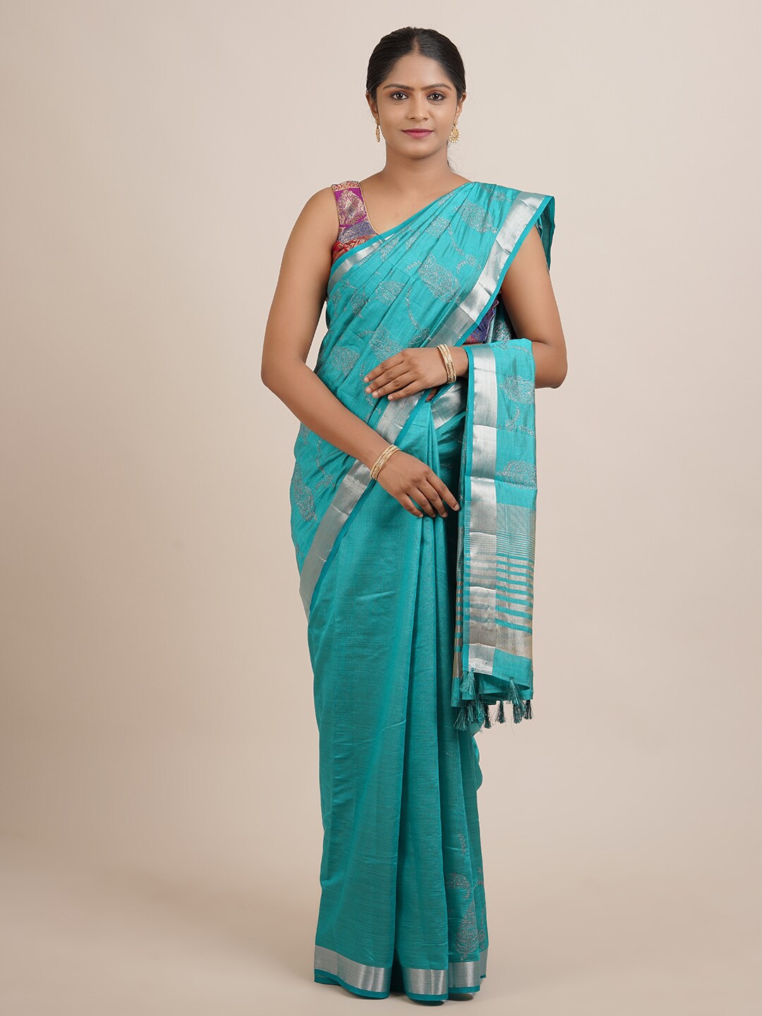 

Pothys Turquoise Blue & Silver-Toned Floral Embroidered Jute Silk Saree