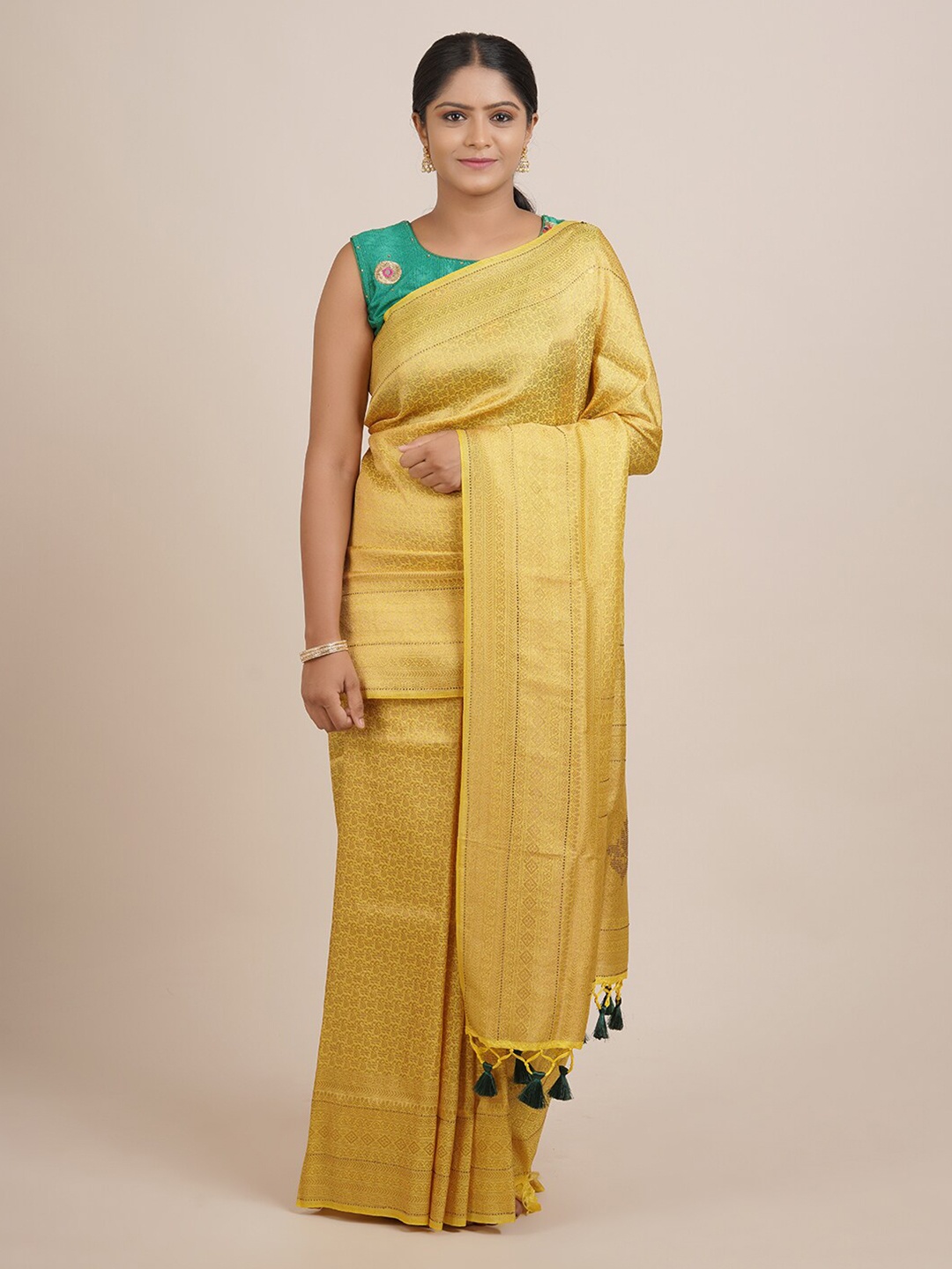 

Pothys Yellow & Gold-Toned Ethnic Motifs Zari Jute Silk Saree