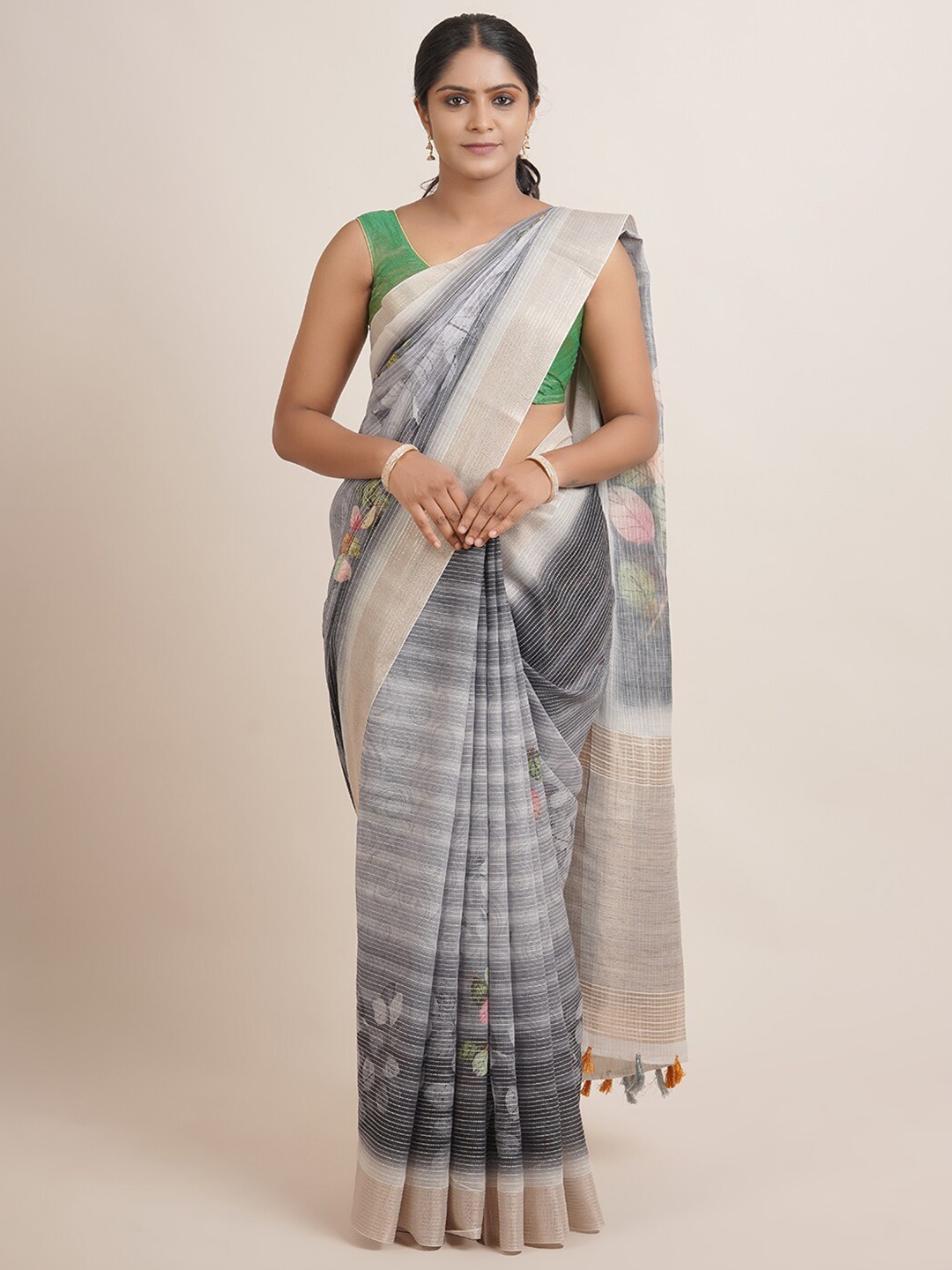 

Pothys Grey & Green Floral Printed Zari Jute Silk Saree