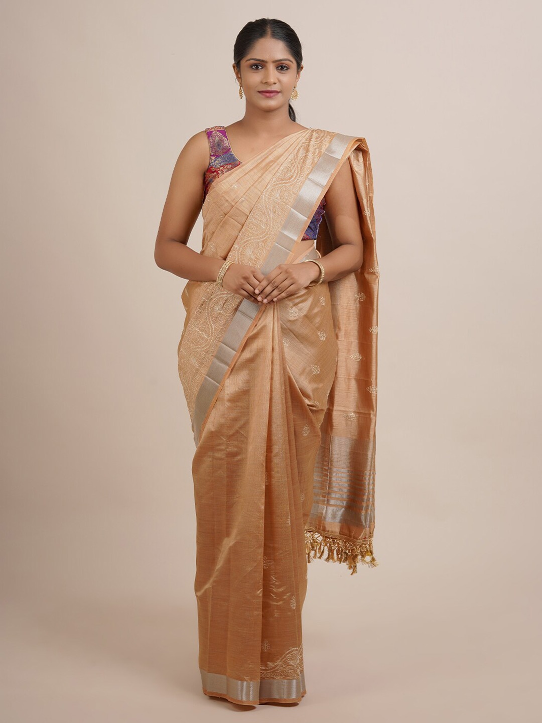 

Pothys Tan Brown & Silver Floral Zari Jute Silk Saree