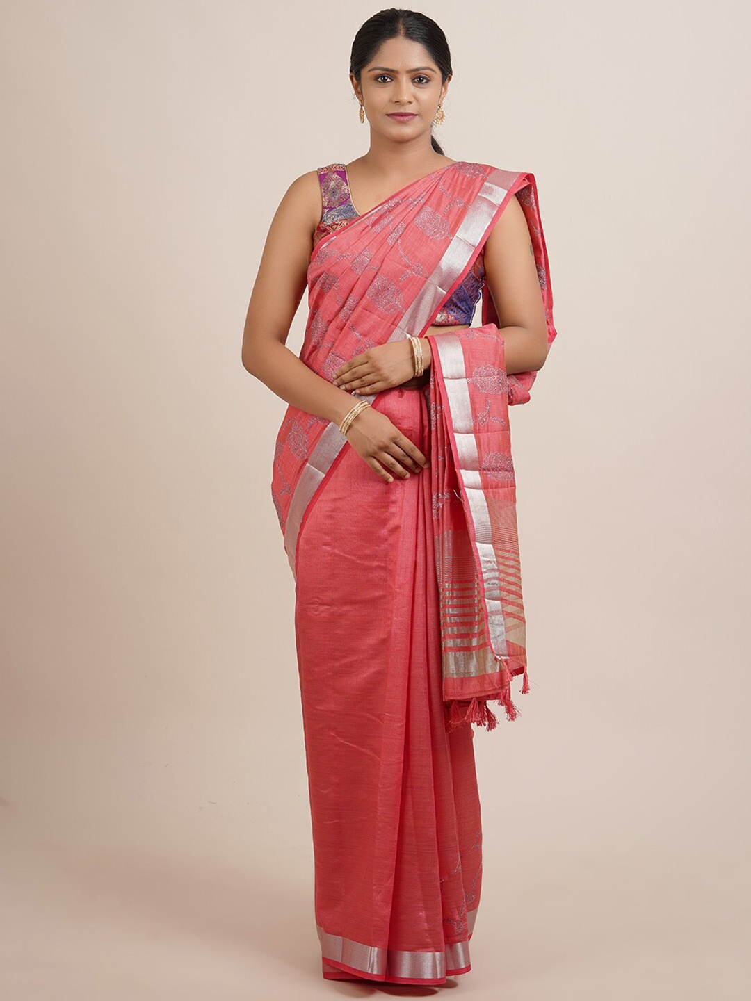 

Pothys Red & Silver-Toned Embellished Embroidered Jute Silk Saree