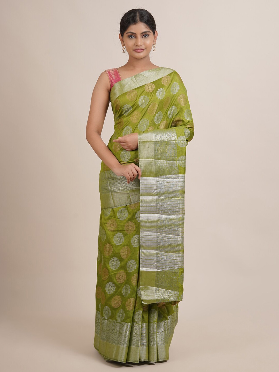 

Pothys Green & Silver-Toned Woven Design Zari Jute Silk Saree