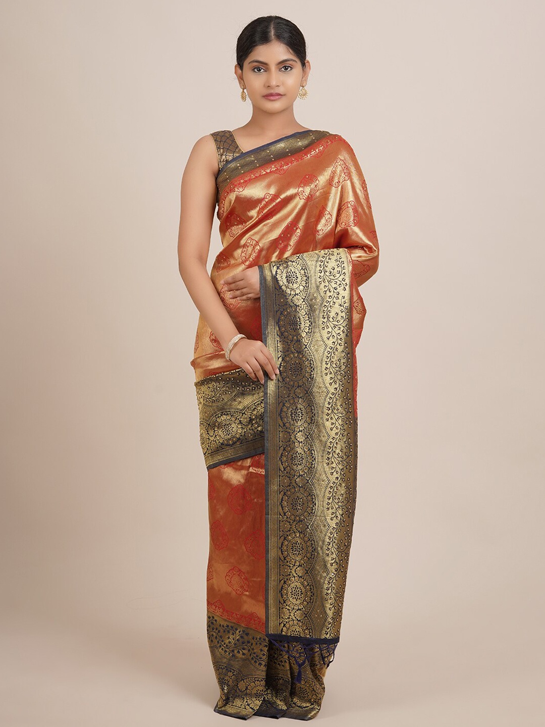 

Pothys Red & Navy Blue Ethnic Motifs Zari Jute Silk Saree