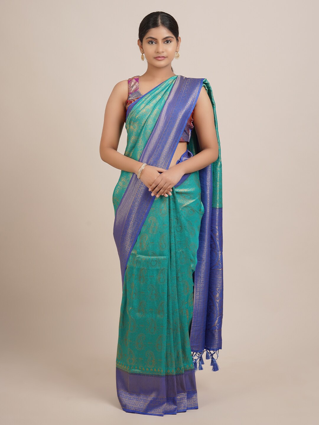 

Pothys Blue & Green Paisley Zari Jute Silk Saree