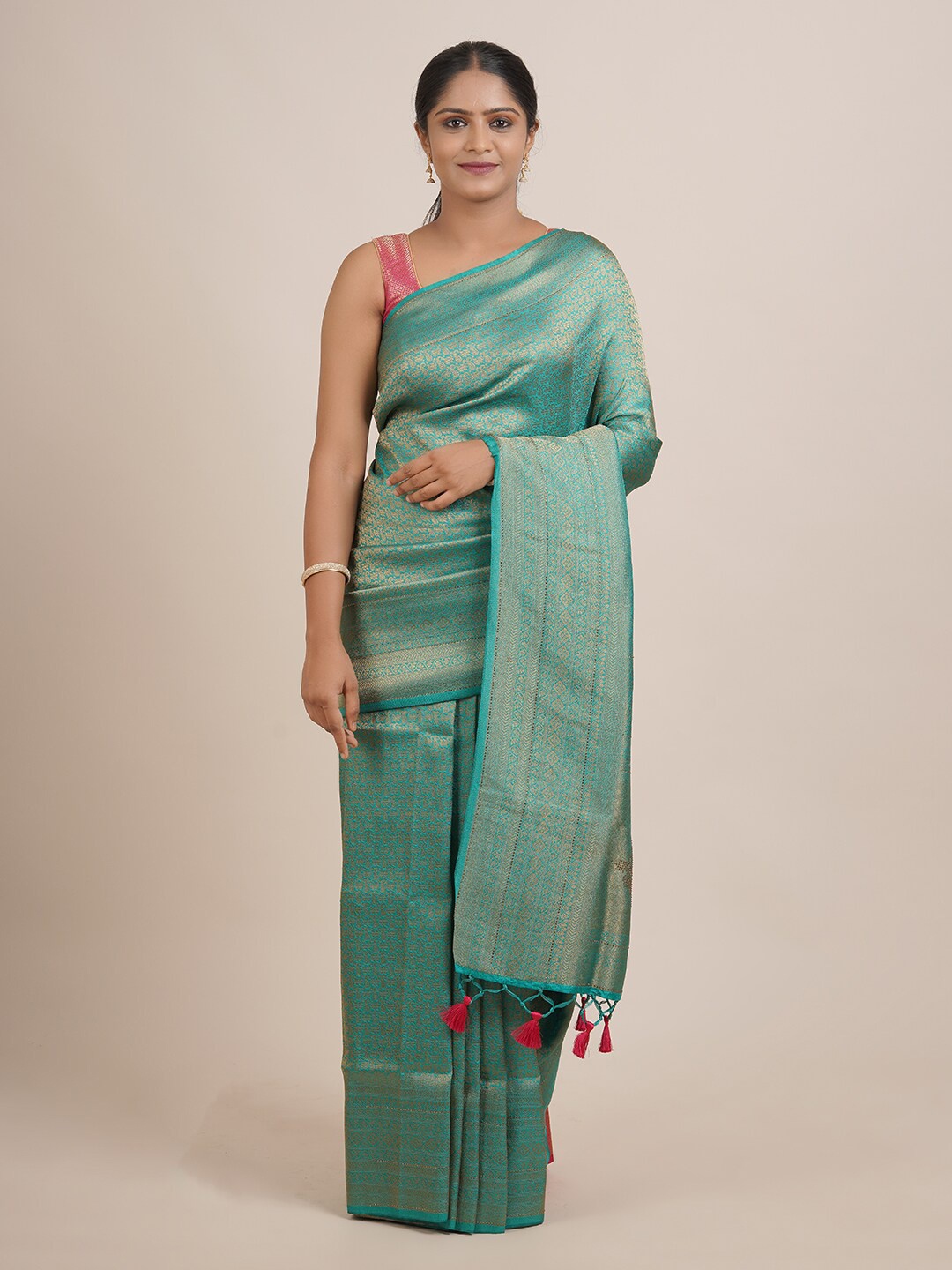 

Pothys Green & Gold-Toned Woven Design Zari Jute Silk Saree