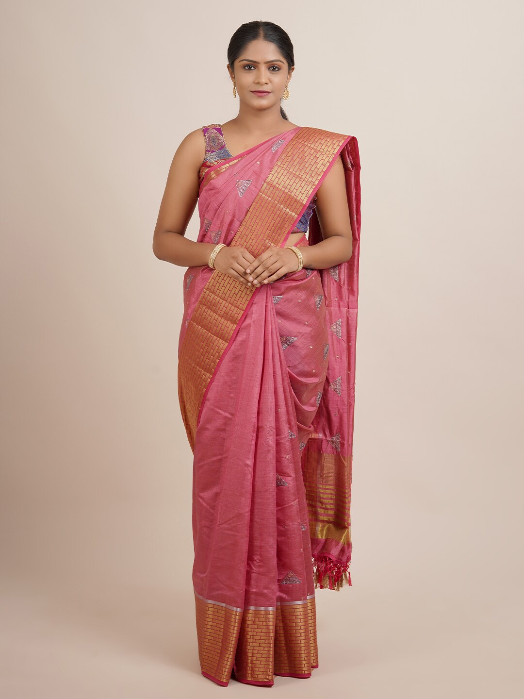 

Pothys Pink & Gold-Toned Jute Silk Saree