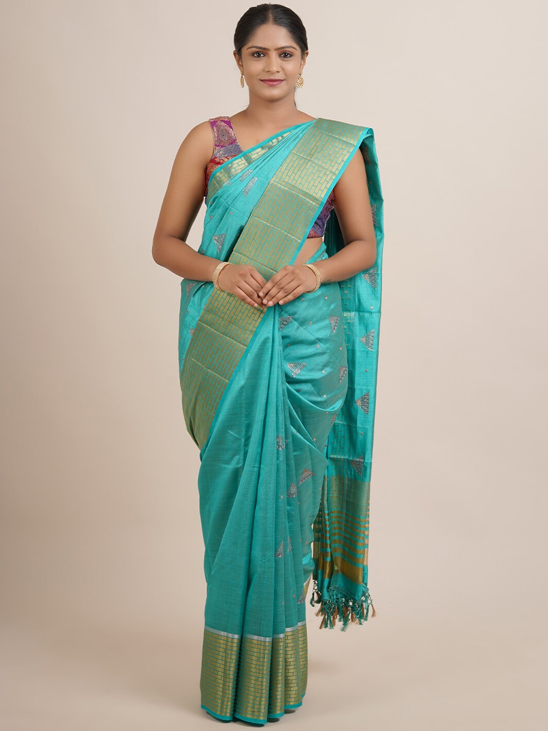 

Pothys Blue Floral Zari Jute Silk Saree