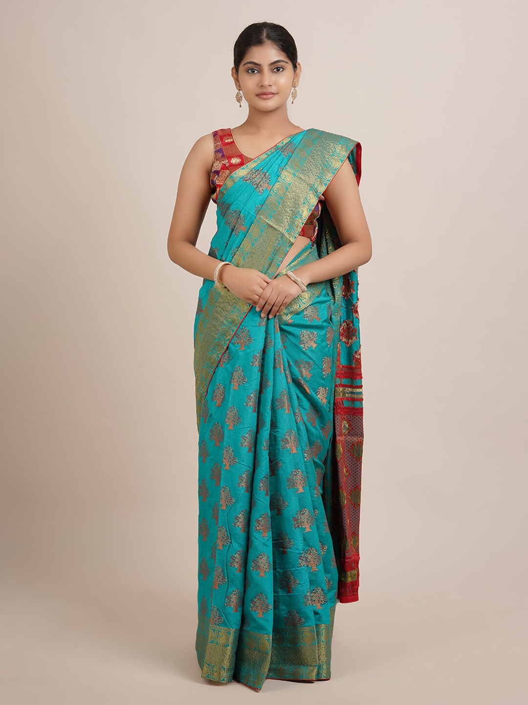 

Pothys Blue & Golden Floral Zari Jute Silk Saree