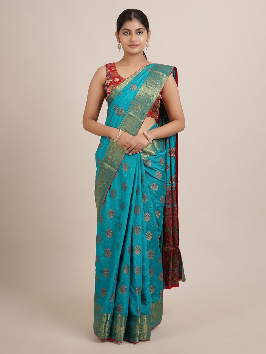 

Pothys Blue & Gold-Toned Floral Beads and Stones Jute Silk Saree