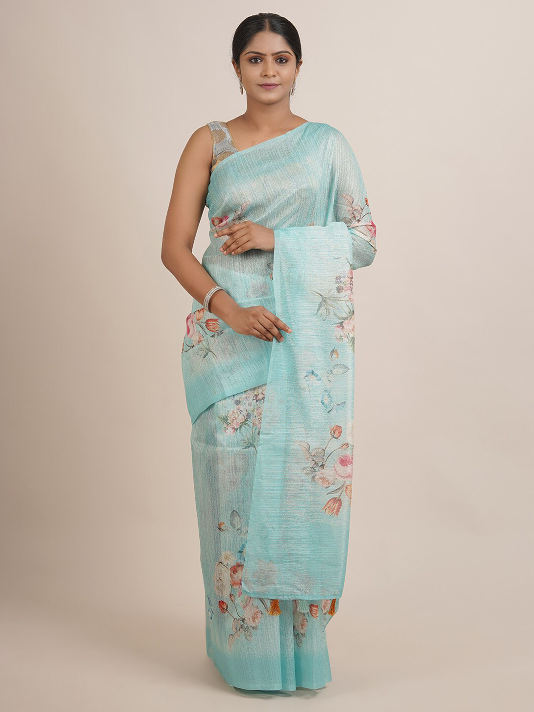 

Pothys Blue & Brown Floral Jute Silk Saree