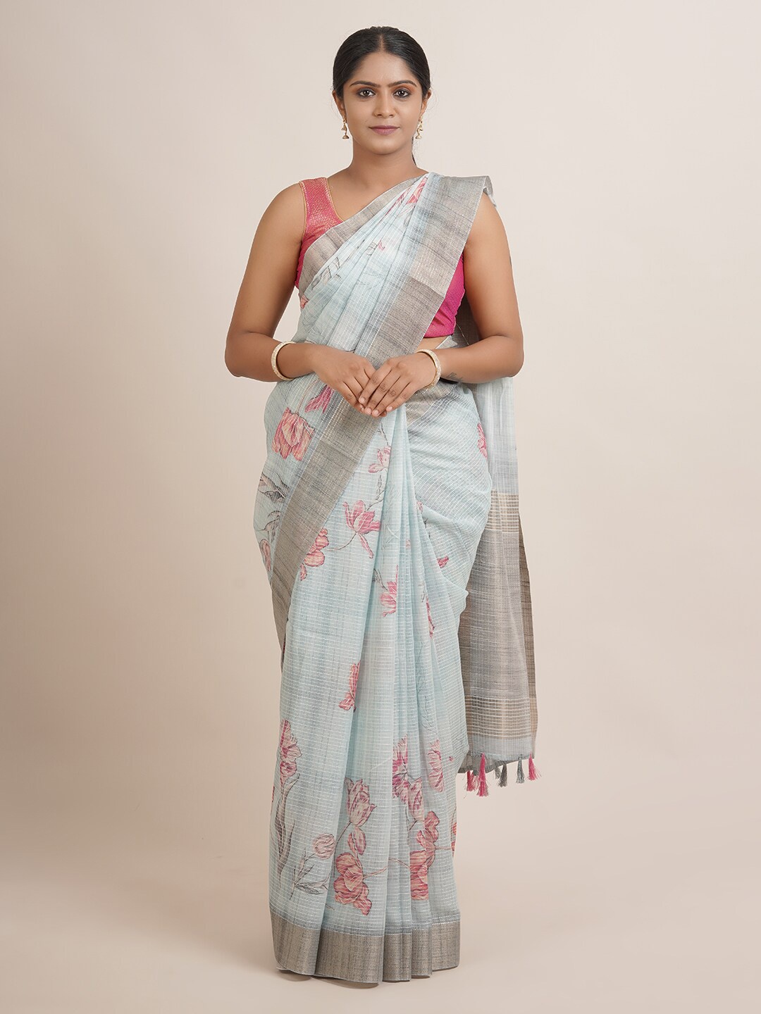 

Pothys Blue & Pink Floral Jute Silk Saree