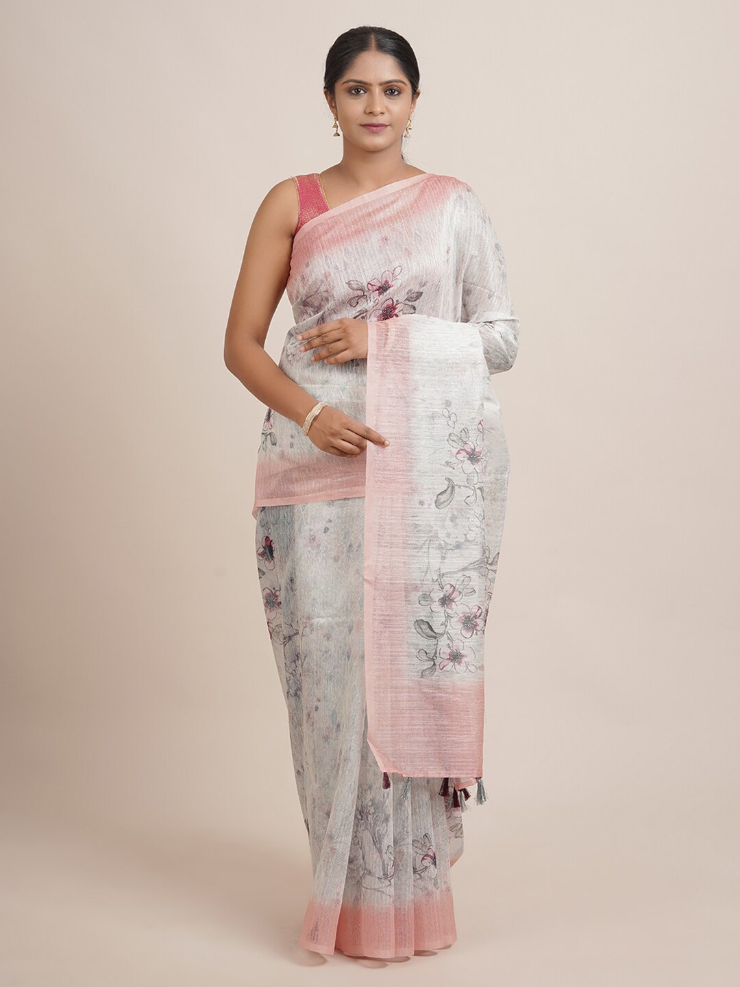 

Pothys Grey & Pink Floral Printed Zari Jute Silk Saree