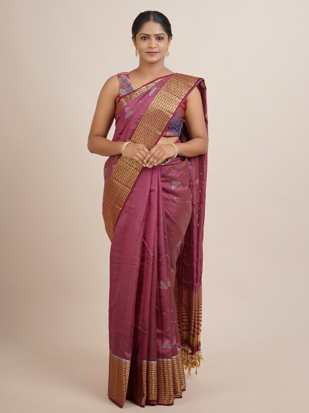

Pothys Purple & Gold-Toned Embroidered Zari Jute Silk Saree