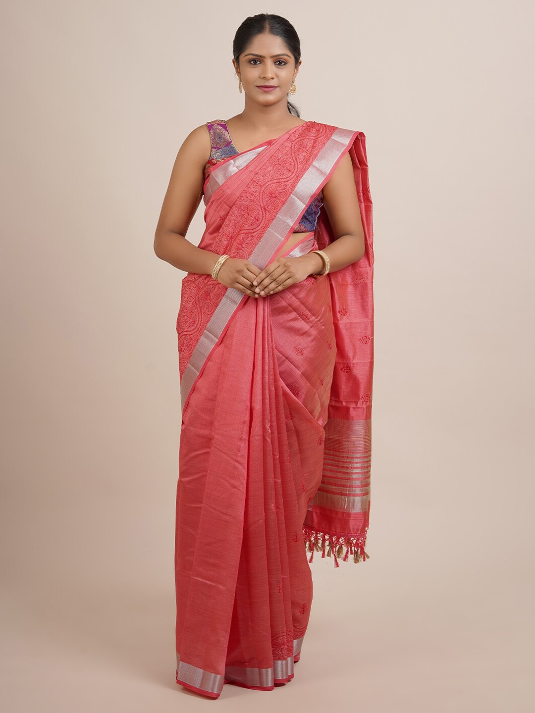 

Pothys Pink & Silver-Toned Floral Embroidered Zari Jute Silk Saree