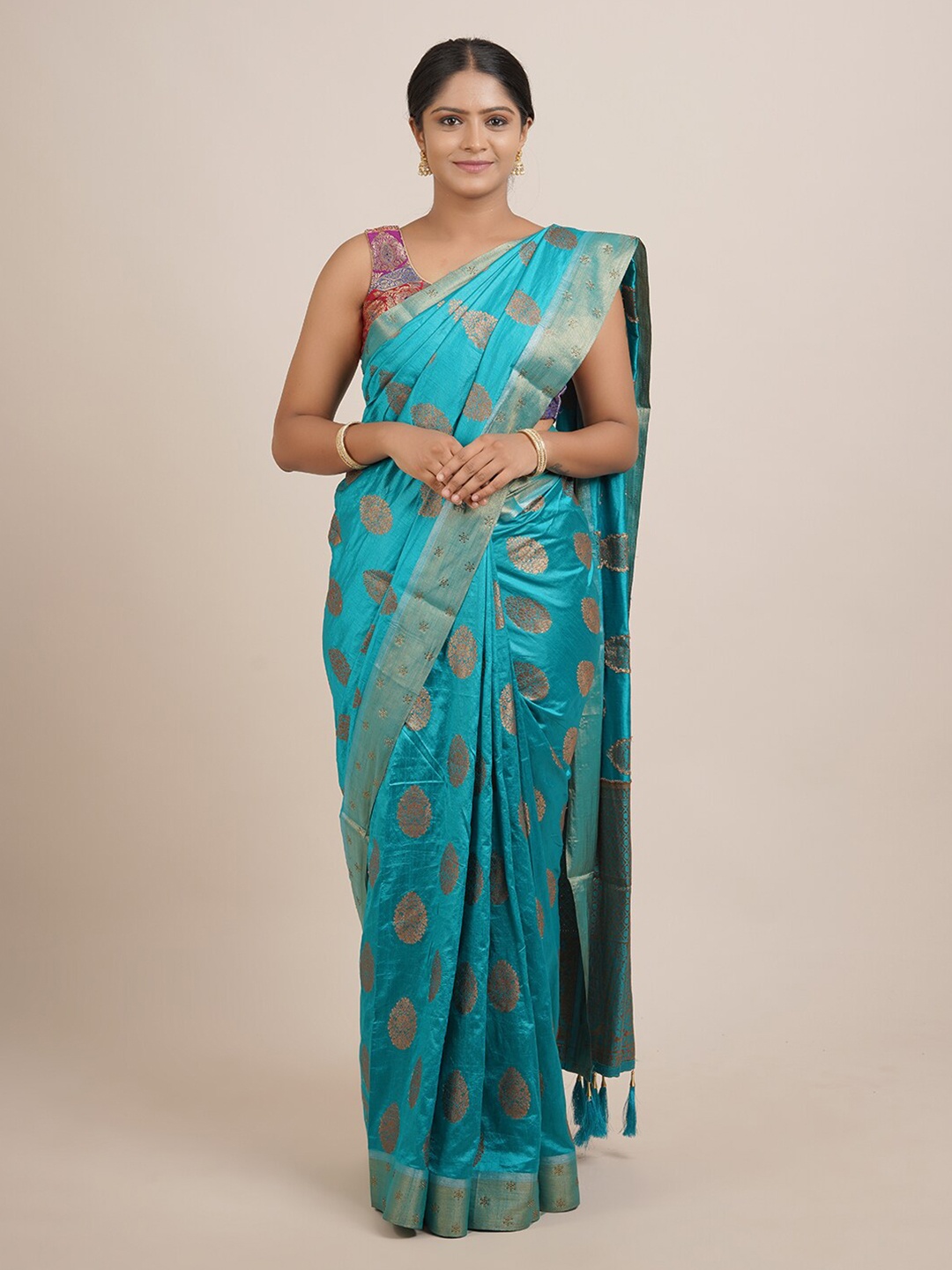 

Pothys Blue & Gold-Toned Woven Design Zari Jute Silk Saree