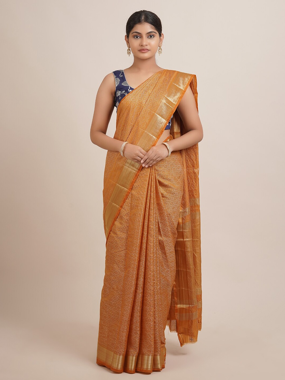 

Pothys Orange & Gold-Toned Woven Design Zari Jute Silk Saree