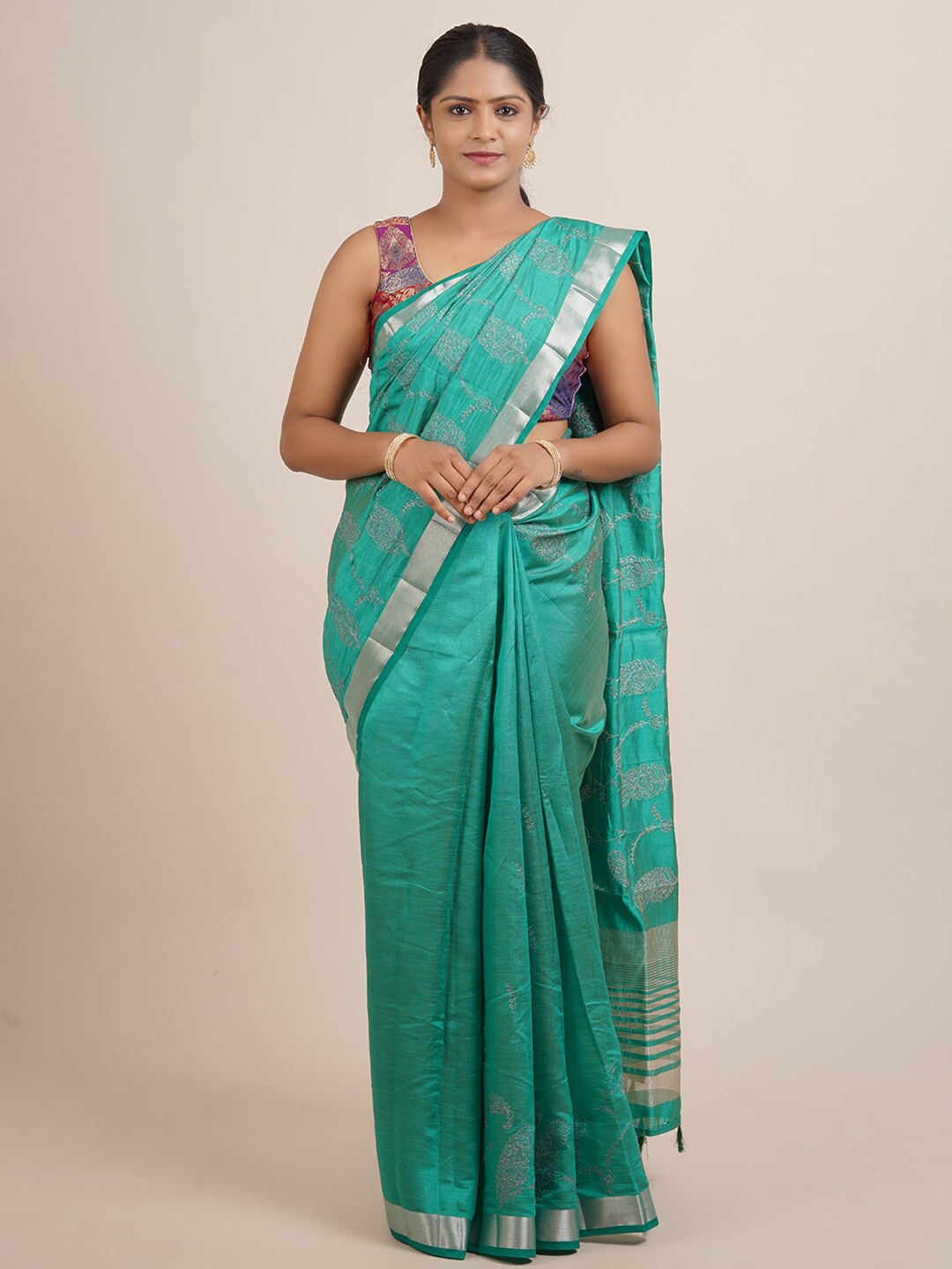 

Pothys Green & Silver Paisley Zari Jute Silk Saree