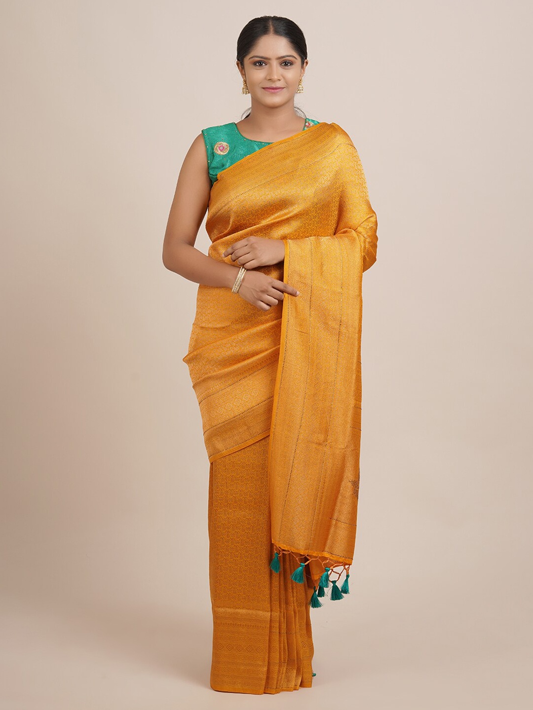 

Pothys Mustard & Gold-Toned Woven Design Zari Jute Silk Saree