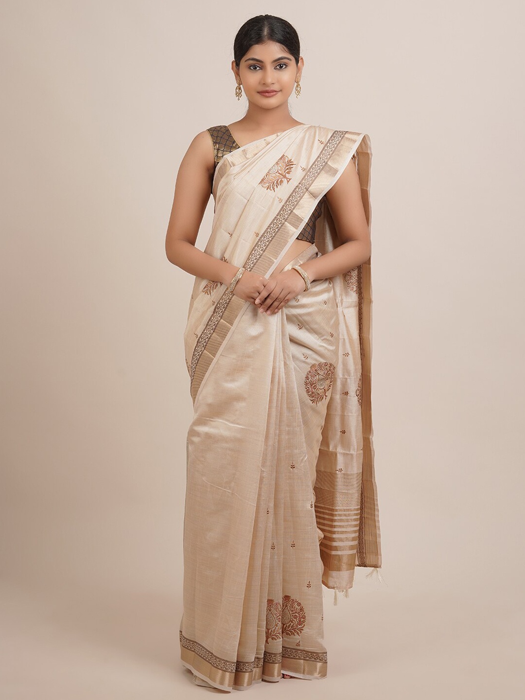 

Pothys Beige & Brown Ethnic Motifs Embroidered Jute Silk Saree
