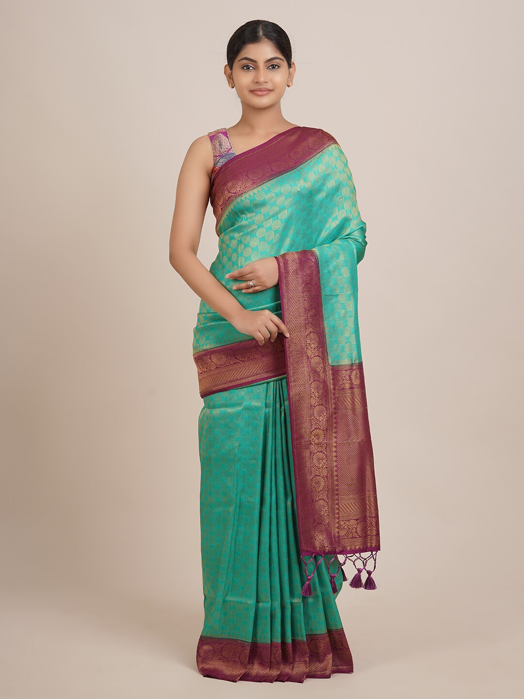 

Pothys Green & Maroon Beads and Stones Jute Silk Saree