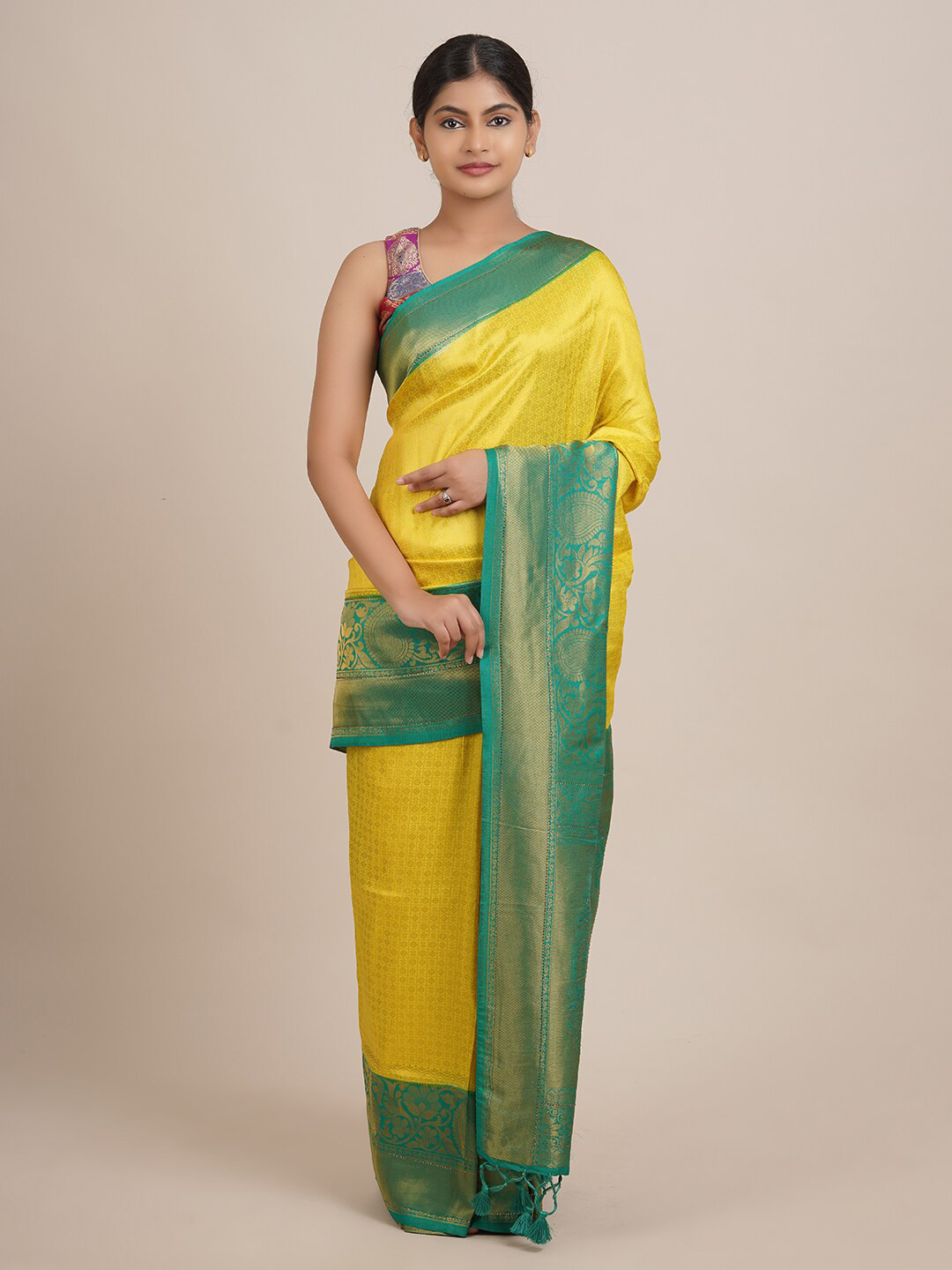 

Pothys Yellow & Green Woven Design Zari Jute Silk Saree